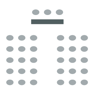 Room setup icon showing two sections of seating with central aisle in between with seating at the front of the room for presenters