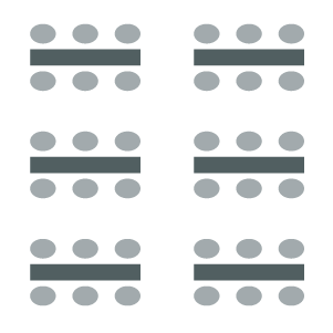 Room setup icon showing two columns of tables with chairs at each table classroom-style