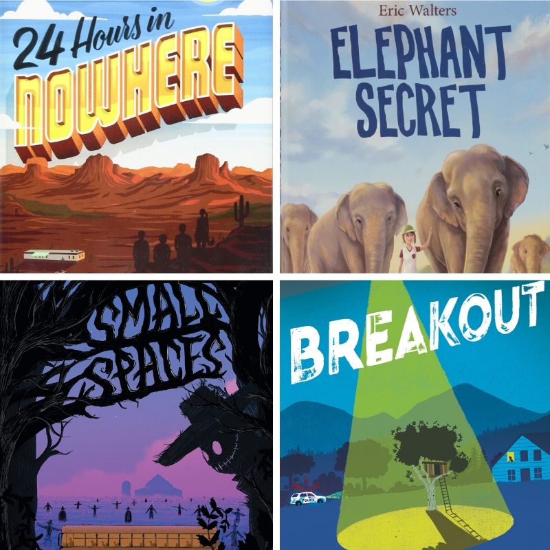 Cover artwork collage of 24 Hours in Nowhere, Elephant Secret, Small Spaces, and Breakout