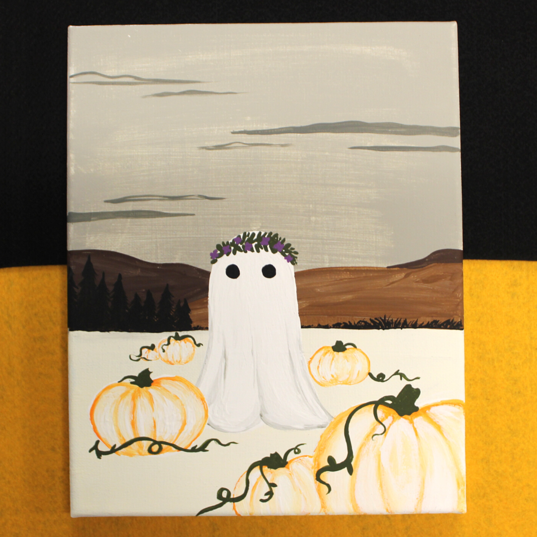 A canvas painting of a ghost in a pumpkin patch, wearing a green wreath with purple flowers as a crown. The sky is gray with gray clouds.