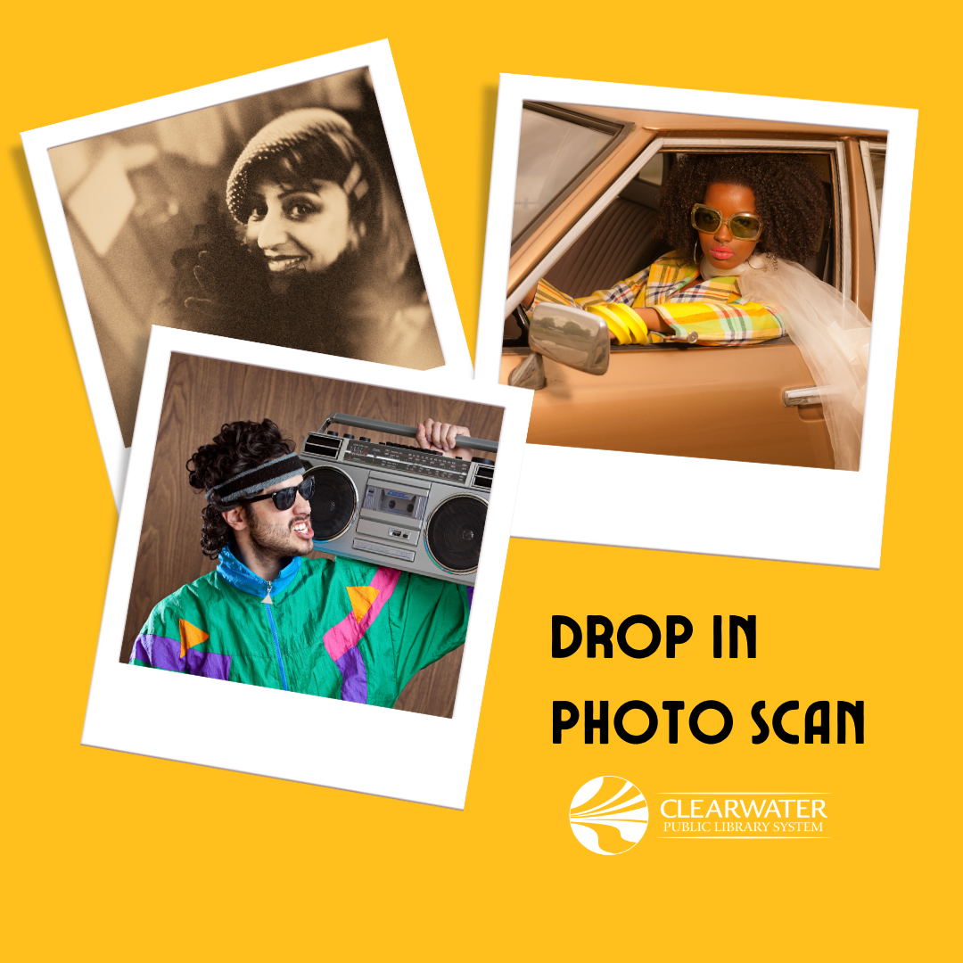 Yellow background with vintage polaroid photos. Text: Drop In Photo Scan