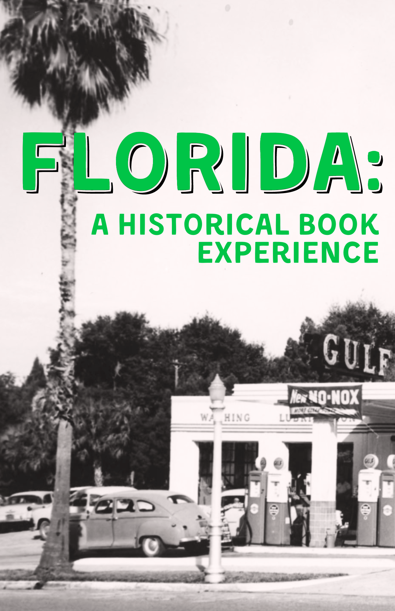 A historical Book Experience Title Over 1940s Service Station Picture