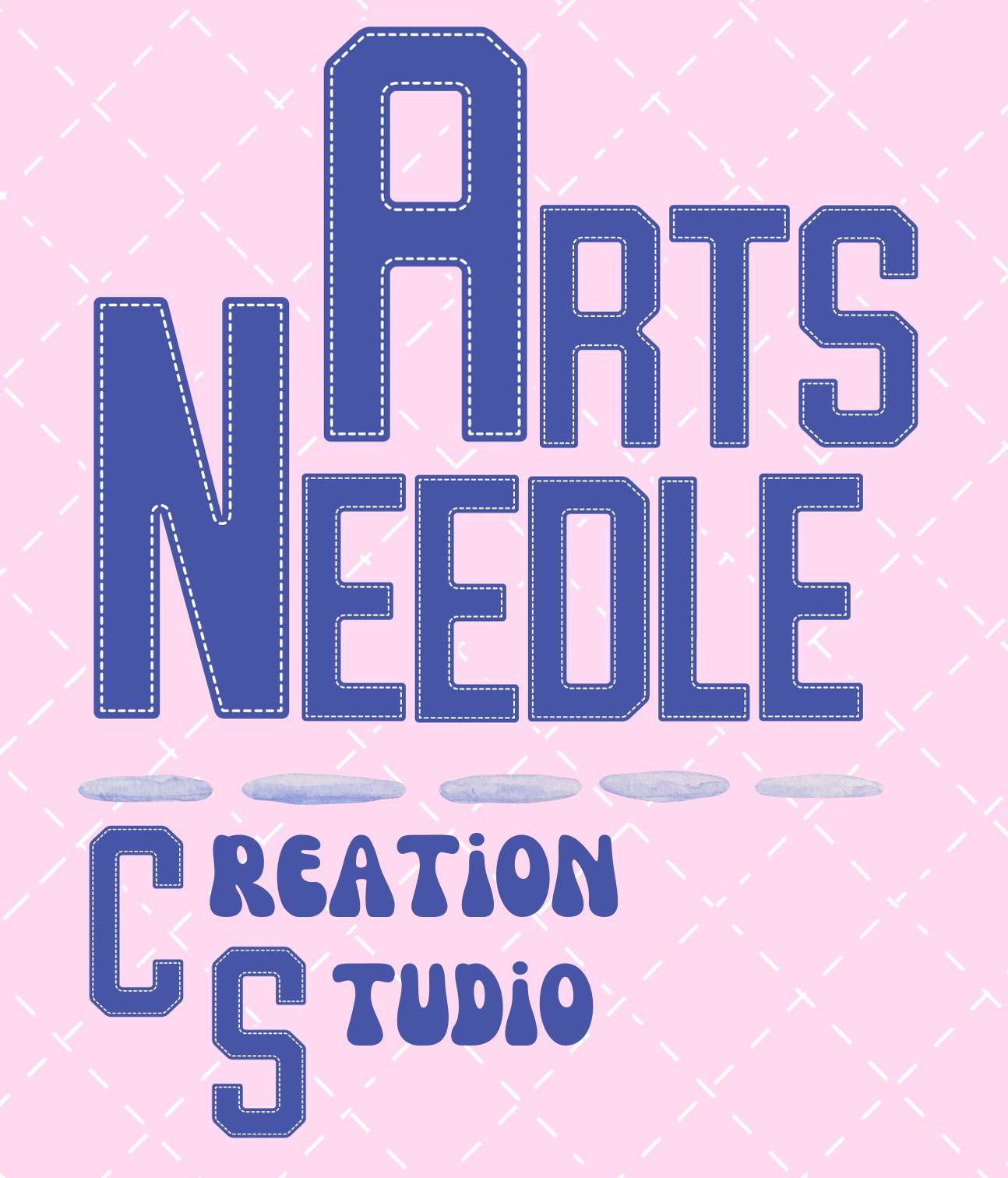 Pink background with stitch marks, blue letters that spell needle arts, creation studio