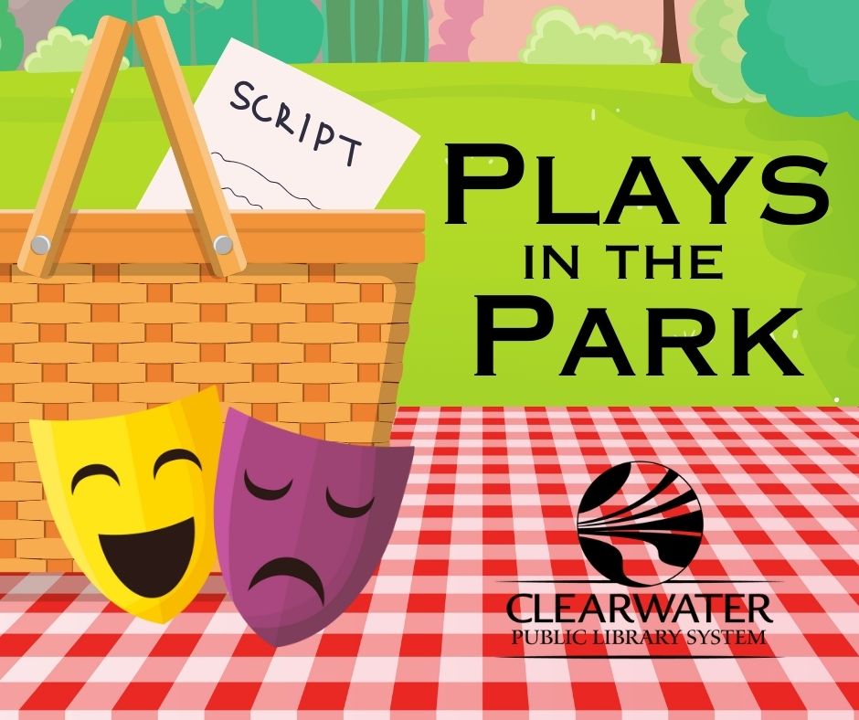 Graphic with Comedy and tragedy masks leaned against a picnic basket with a script inside of it. On a picnic blanket in a park.