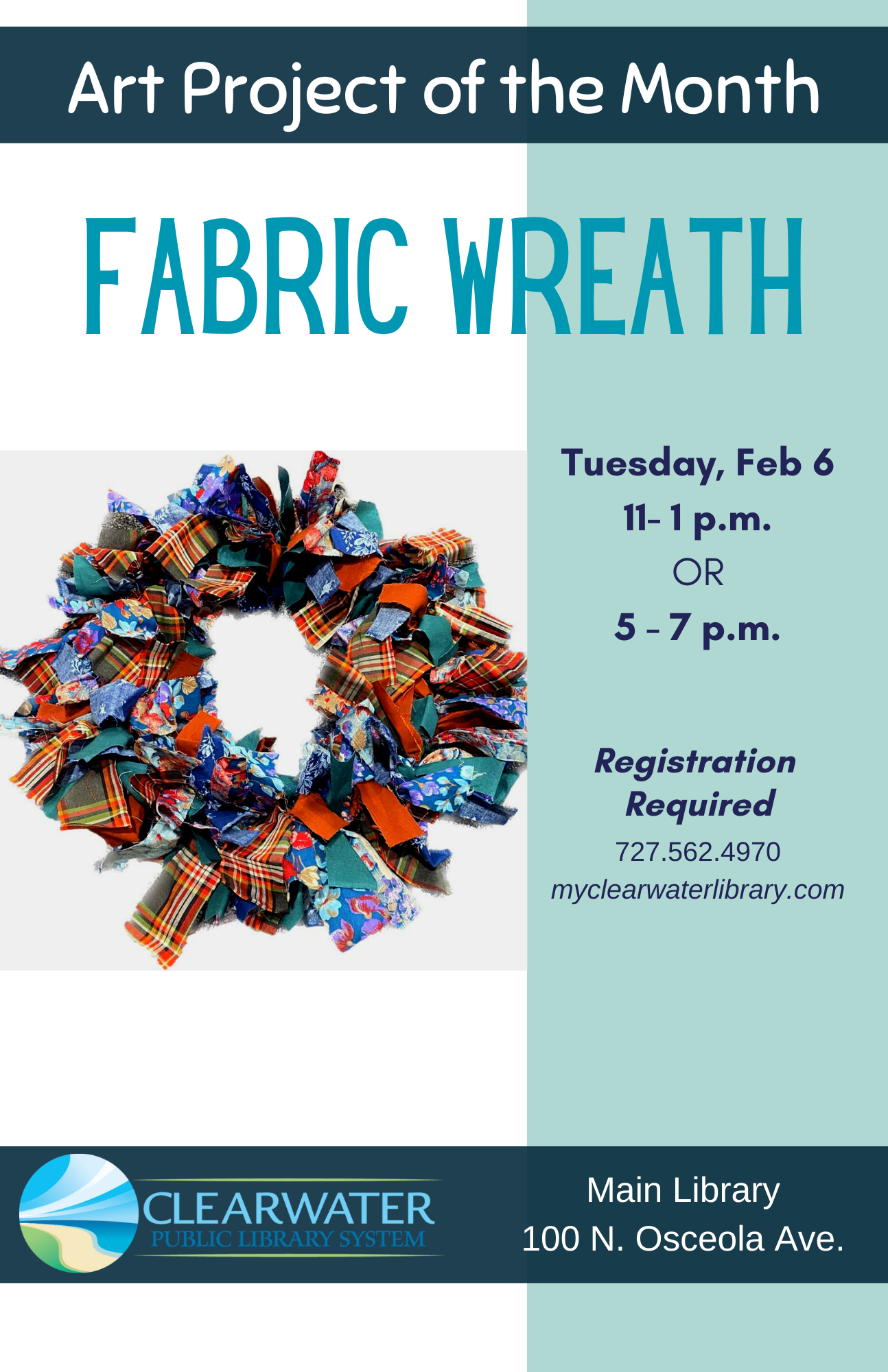 Poster of program with fabric wreath and text. 