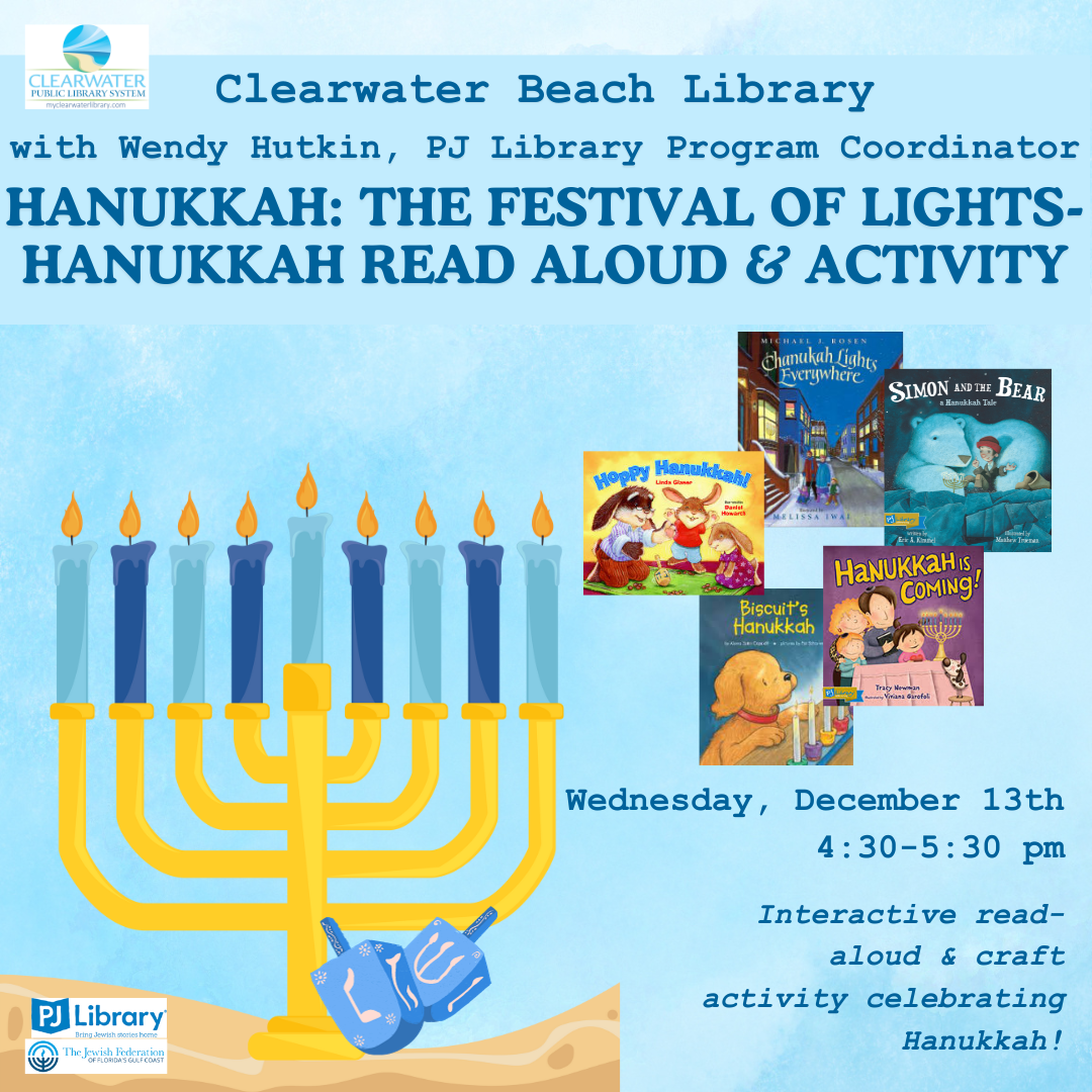 Possible books for the Hanukkah event plus images of a Menorah and dreidels in the sand.