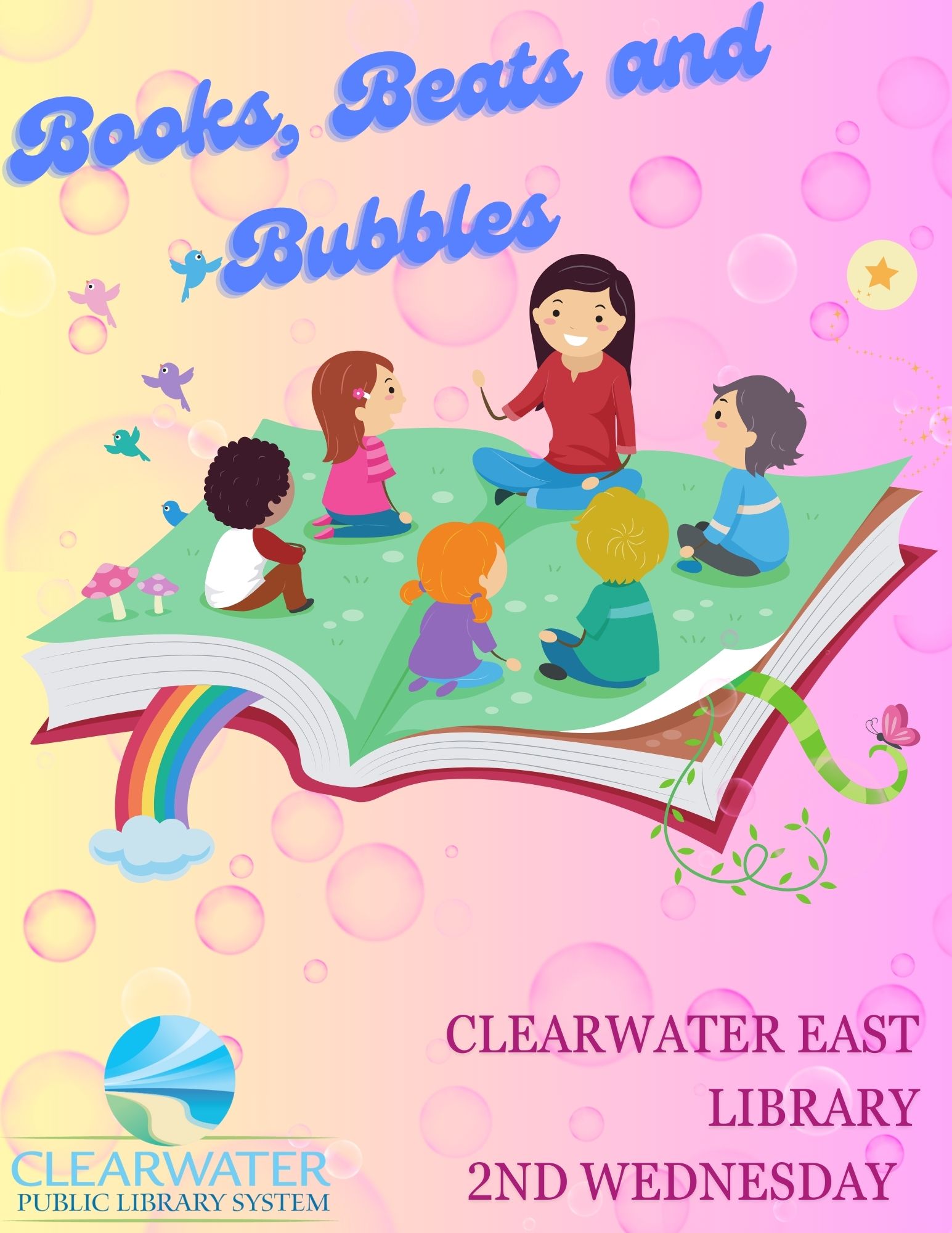 Children on a book reading with grownup and bubbles behind 
