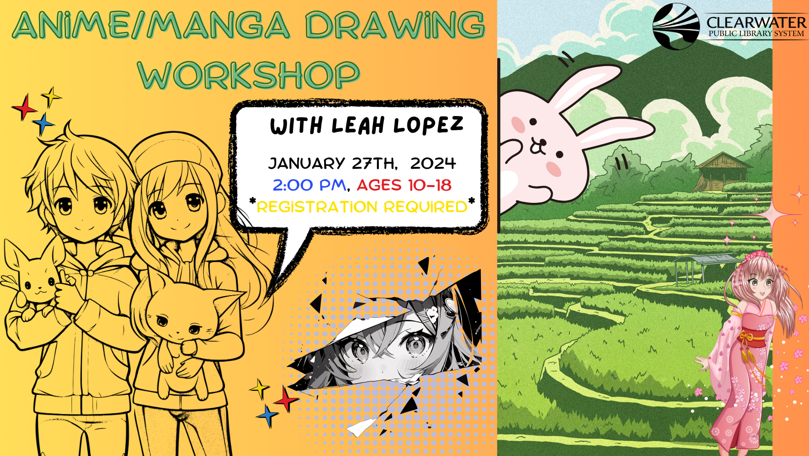 Anime/Manga Drawing Workshop Anime style Boy and Girl with animals, Oriental Garden with Anime Girl in Pink, January 27th 2024 2:00pm 