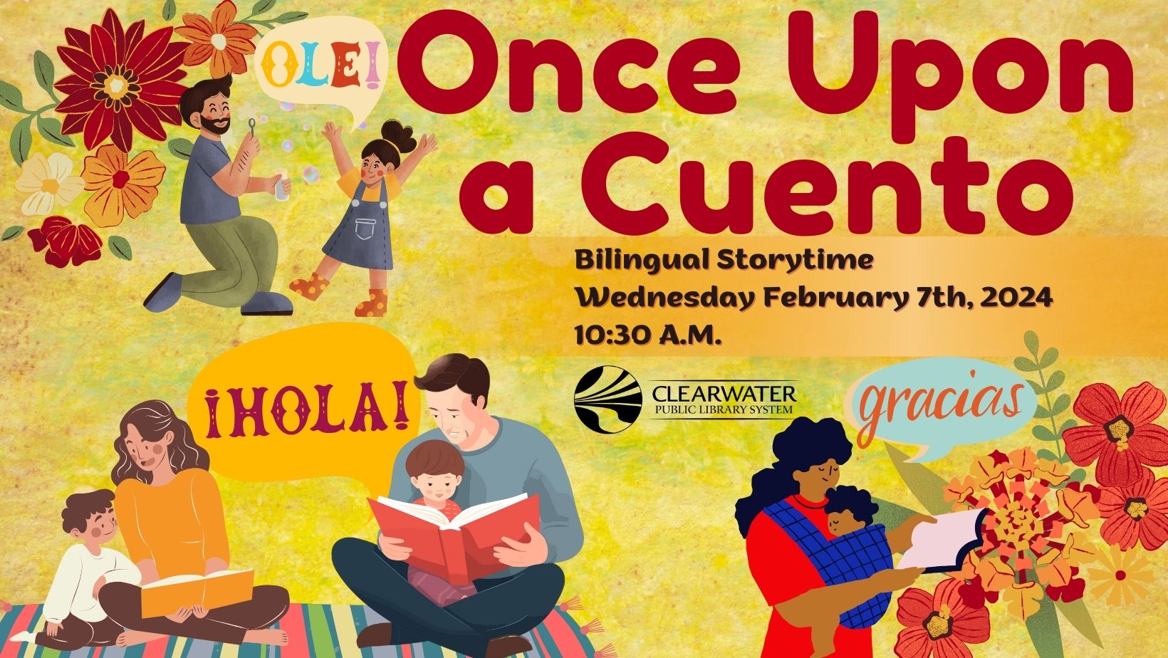 Multicultural Parents reading to children and playing with bubbles, Once Upon a Cuento 