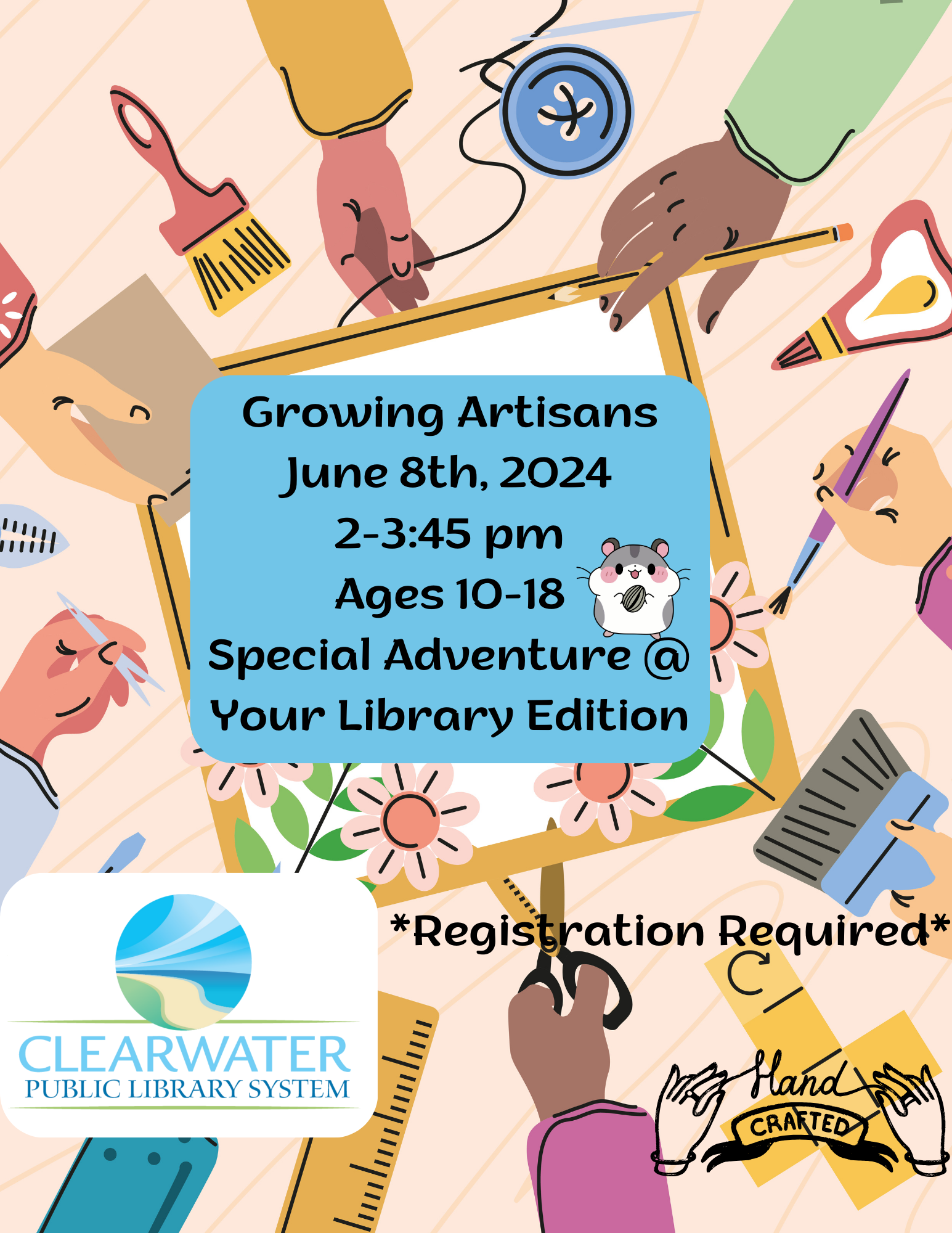 Hand crafting with craft materials and supplies, Growing Artisans June 8th, 2024 Adventure at Your Library Edition Ages 10-18 