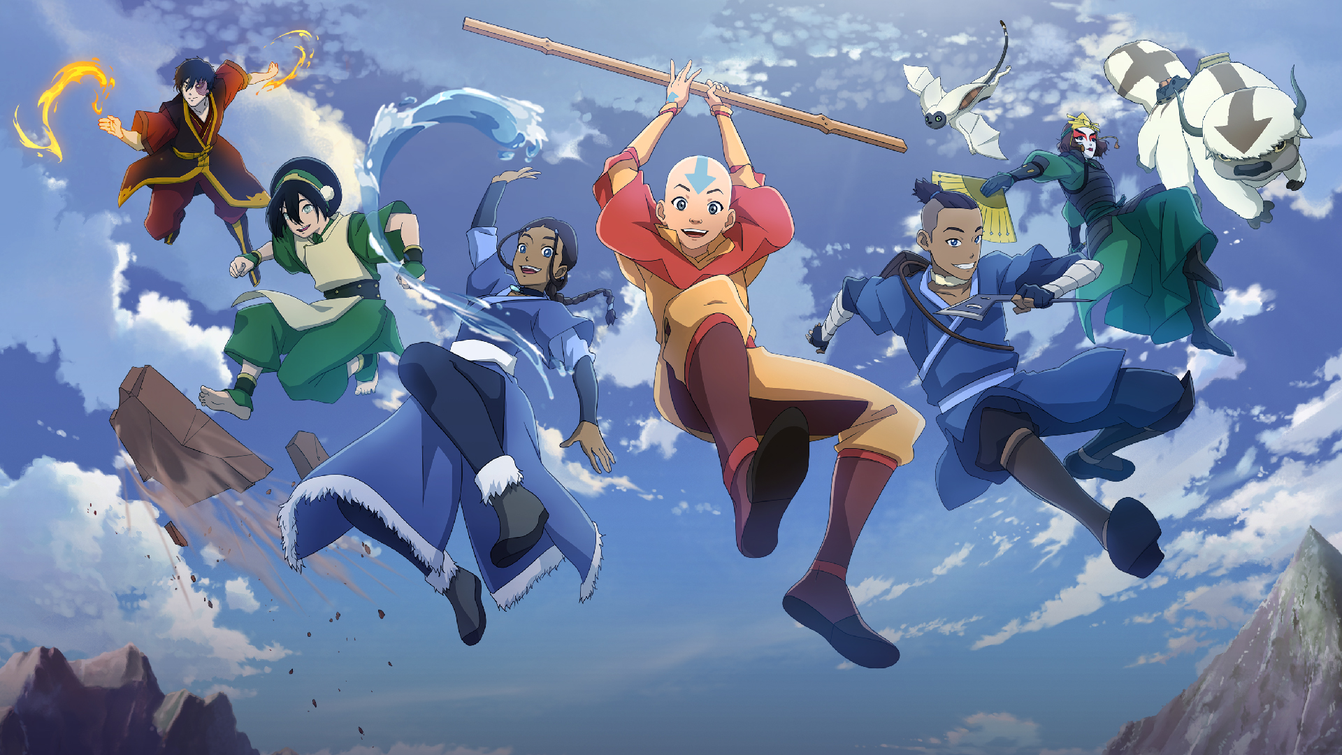 Avatar: The Last Airbender characters (Zuko, Toph, Katara, Aang, Katara, Suki, Appa, and Momo) smile while mid-jump