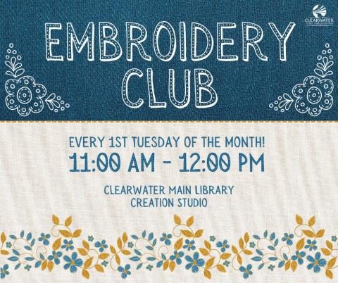 Embroidery style ad with information on the club, including date, time, and location.
