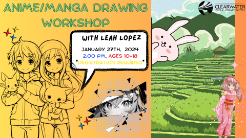 Anime/Manga Drawing Workshop Anime style Boy and Girl with animals, Oriental Garden with Anime Girl in Pink, January 27th 2024 2:00pm 