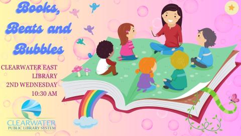 Children Being Read to on a Book, Books Beats & Bubbles Title 2nd Wednesdays at Clearwater East Community Library 