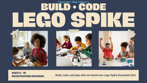 Build, code, and play with our brand new Lego Spike Essentials kit. Registration required. For ages 6-10.