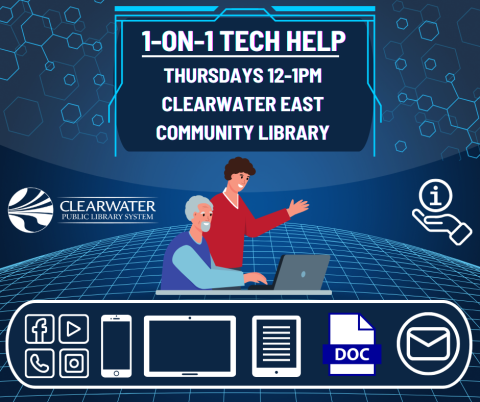 A flyer advertising the 1 on 1 tech help program. This event occurs every Thursday from 12 to 1pm at the clearwater east community library.