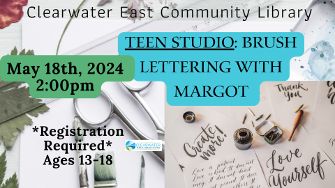 Teen Studio May 18th 2024, Brush Lettering with Margot Registration Required Ages 13-18 