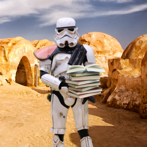 Sand Trooper Carries a Stack of Library Books