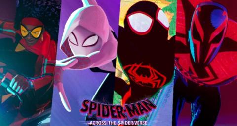Across the Spiderverse promotional image with four spiderpeople 