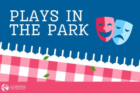 Plays in the Park. Comedy and Tragedy Masks above a picnic blanket.