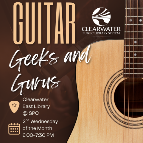 An informational flyer for the Guitar Geeks and Gurus program with a large acoustic guitar on the right side.