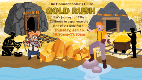 Pictures of gold miners finding gold near caves and rivers using pick axes and gold pans.