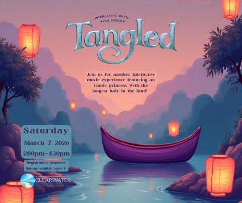 Tangled, Mountains Background, Foreground Lanterns and Boat on River 