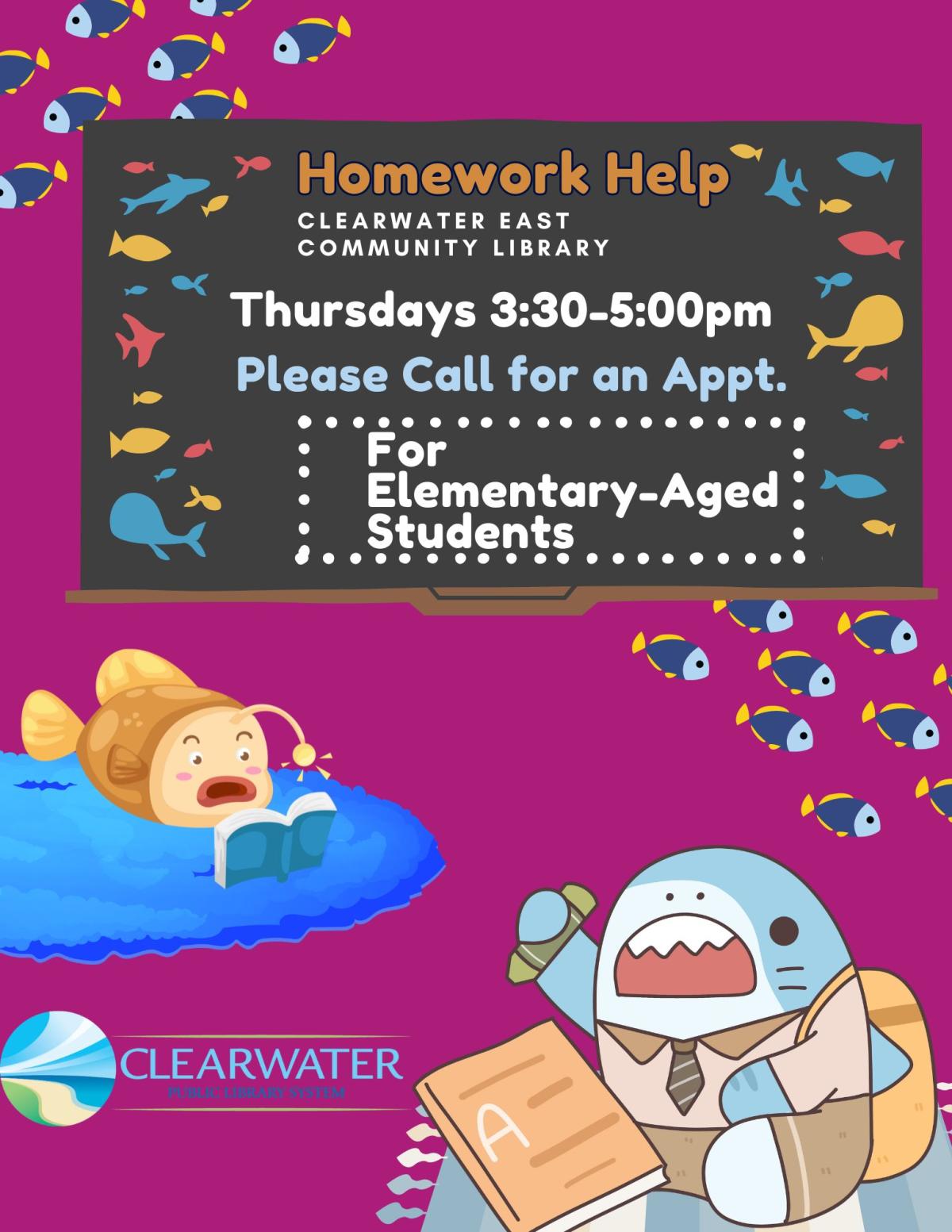 Shark Doing Homework, Angler Fish Reading A Book, Homework Help 