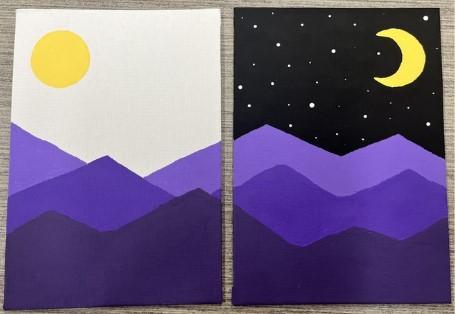 Image of two small canvases. The one on the right of a mountain range painted purple in three gradients below a yellow circular sun. Left is the same mountain range under a yellow crescent moon and starry night sky.