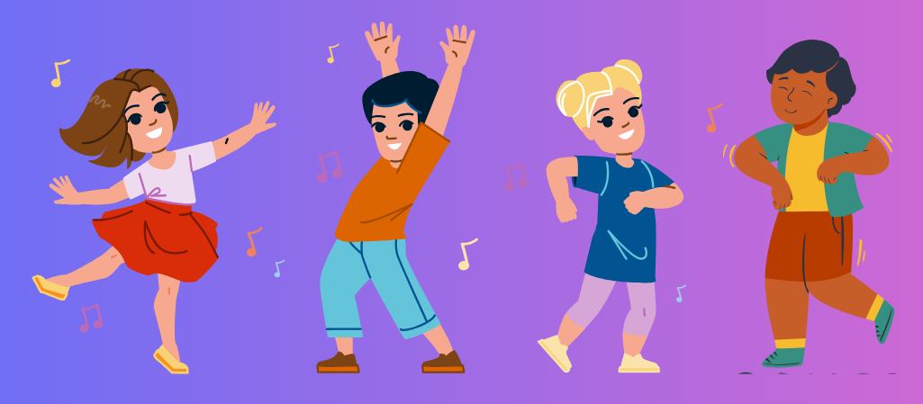 Image of dancing children made from various Canva graphics combined together.
