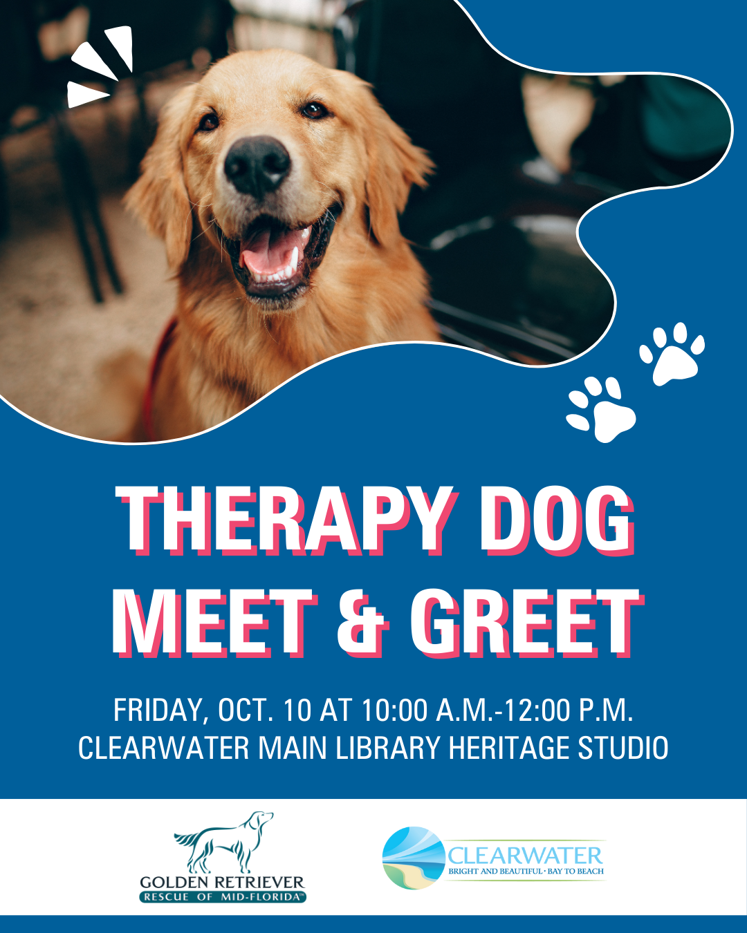 therapy dog meet & greet. photo of golden retriever.