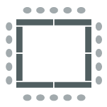 Tables and chairs placed in a large square
